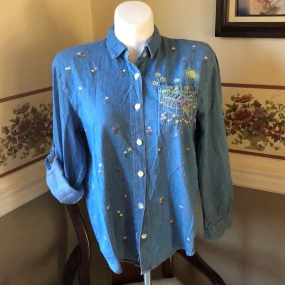 Teddi Vintage Denim Floral Embroidered Denim Button Down Shirt Women's Medium - Picture 9 of 9